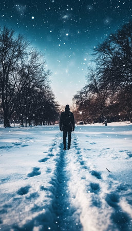 A Solitary Figure Walking Away on a Snowy Path Through a Serene Park Under a Starry Night Skyの素材