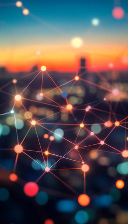 Digital Nodes Illuminate Skyline, Abstract Network Visualization Highlights Evening Cityscapeの素材