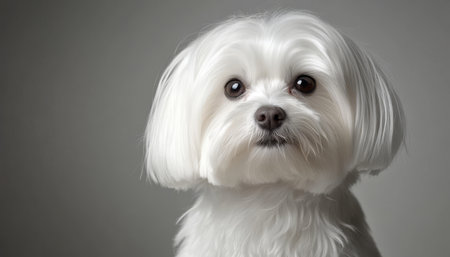 Adorable Purebred Maltese Puppy Dog with Fluffy White Coat and Playful Expression, Isolated.の素材