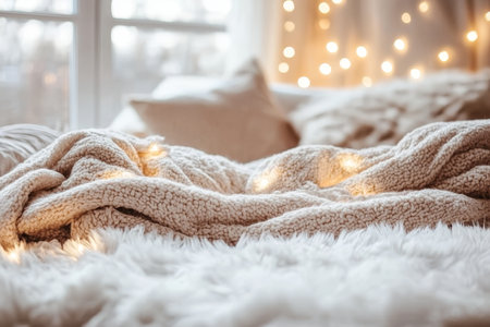 Serene Cozy Bedroom Decor with Soft Blanket, Twinkling Fairy Lights, and Fluffy Rug for Relaxationの素材