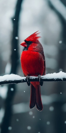 Vibrant Red Cardinal Perched Gracefully on Snow-Covered Branch, A Stunning Winter Wonderland Sceneの素材