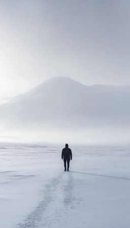 Solitary Figure Walking Alone Through a Foggy Snow-Covered Glacier Landscape in Scandinaviaの素材
