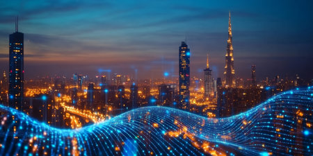 Futuristic city skyline with digital data streams representing urban innovation at twilight.の素材