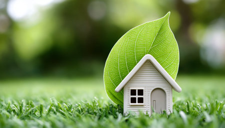 A Cozy Miniature House Surrounded by Lush Green Leaves, Symbolizing Shelter and Nature s Abundance.の素材