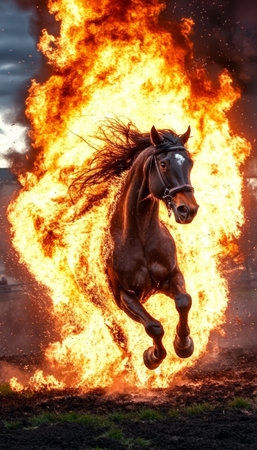 Majestic Stallion Galloping Through Fiery Waves at Sunset, Symbolizing Power and Freedom Unleashedの素材