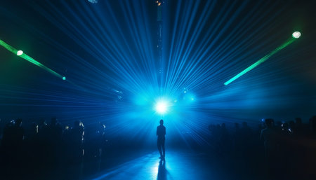 Silhouette of a Dancer in a Vibrant Nightclub with Dazzling Blue Lights and Celebration Atmosphereの素材