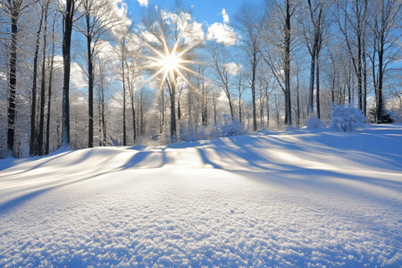 Serene Winter Wonderland Scene with Snow-Covered Trees and Gentle Sunlight Casting Soft Shadowsの素材