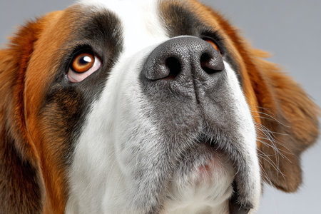Close-Up of a Gentle Saint Bernard Dog Gently Gazing Against a Soft Gray Background, Kind Eyesの素材