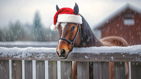 Charming brown horse wearing a Santa Claus holiday hat peeking over a snowy rural fence in Decemberの素材