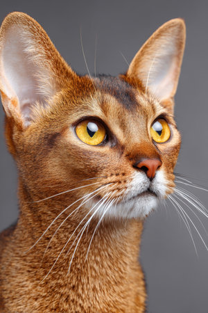 Elegant Abyssinian Cat Portrait with Gleaming Golden Eyes on a Soft, Clean Backgroundの素材
