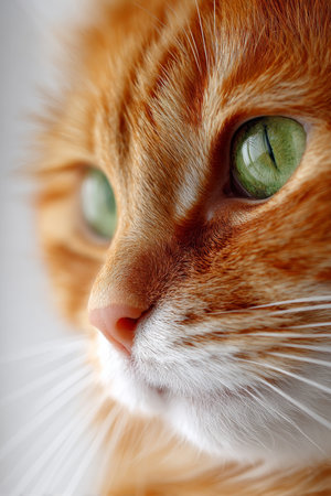 Beautiful Orange Tabby Cat with Striking Green Eyes Posed Gracefully Against a Pure White Backgroundの素材