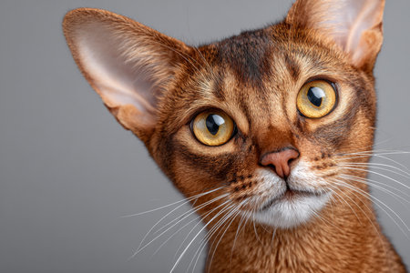 Stunning Close-Up of an Abyssinian Cat with Intense Gaze Against a Soft Gray Background, High Detailの素材