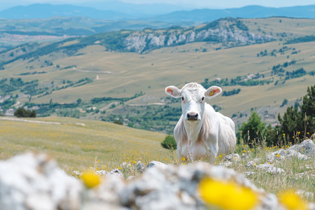 Serene White Cow Grazing in a Lush Green Meadow Surrounded by Stone-Covered Pastures and Hillsの素材