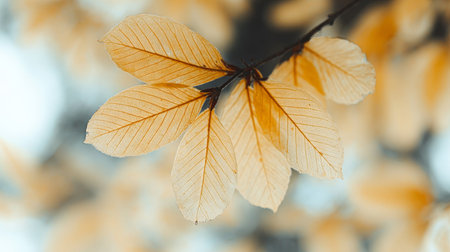 Autumnal Serenity Unfolds as Delicate Beige Leaves Dance in Blurred Sunlit Air, Evoking Peaceの素材