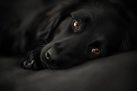Charming Newfoundland Puppy with Captivating Eyes and Soft Fur Against a Smooth Backgroundの素材