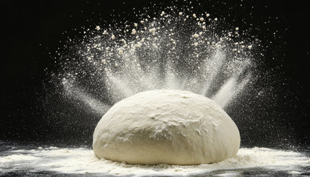 Artisanal Baking Preparation Flour Dust Cloud Over Dough Round, Essential Ingredient for Bakingの素材