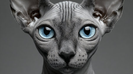 Close-Up of a Striking Sphynx Breed Cat Face Reflecting Grace and Affection Against Gray Backdropの素材