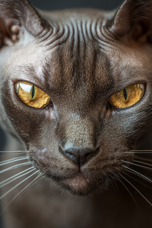 Elegant Sphynx Cat Portrait with Striking Yellow Eyes and Unique Wrinkled Skin on Gray Backgroundの素材
