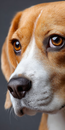 Beagle Close-Up Portrait with Expressive Eyes and Soulful Expression on Abstract Backgroundの素材