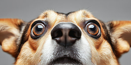 Close-Up of an Adorable Pembroke Welsh Corgi Puppy with Expressive Eyes on a Grey Studio Backgroundの素材