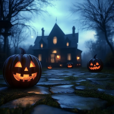 Spooky Halloween Night with Glowing Jack o Lanterns, Haunted House, and Fun Festive Pumpkins Decorの素材