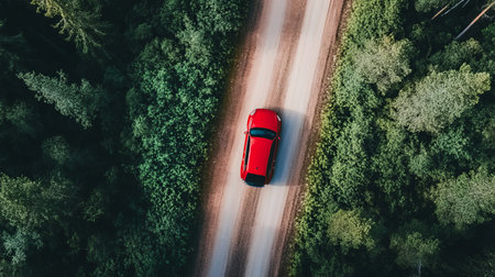 Aerial View of a Red Vehicle on a Scenic Journey Through Finnish Lapland s Evergreen Forestsの素材