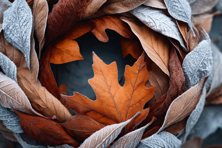 Elegant Circle Design Made of Faded Seasonal Leaves with Frosty Texture for Natural Backgroundsの素材