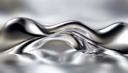 Stunning Glossy Silver Surface with Liquid Metal Reflection, Creating Futuristic Wave Patternsの素材