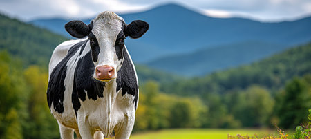 A Beautiful Black and White Holstein Dairy Cow Grazing in a Lush Green Pasture on a Sunny Dayの素材