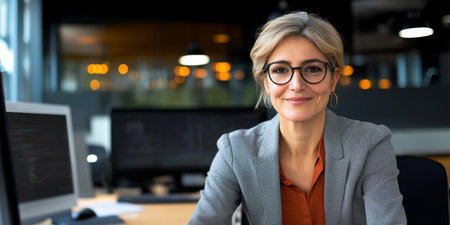 Business Professional Analyzes Financial Data on Computer in Modern Office Environment for Growthの素材