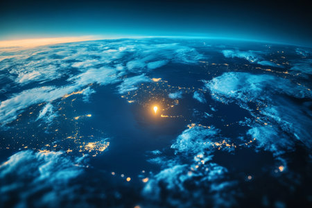 Breathtaking Aerial View of Earth at Night from Space with Glowing City Lights and Geographyの素材