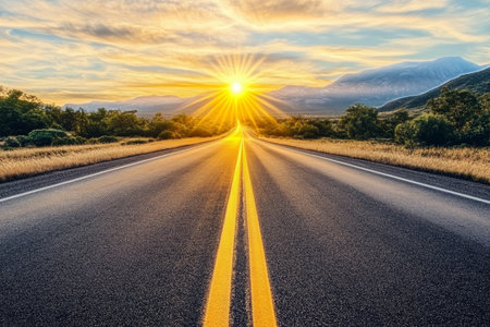 Golden Path Majestic Desert Highway Leading to a Stunning Sunset Over Mountains and Freedomの素材