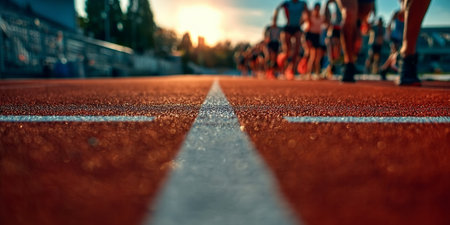 Athletes Training on a Red Running Track at Sunrise, Showcasing Intense Focus and Healthy Lifestyleの素材