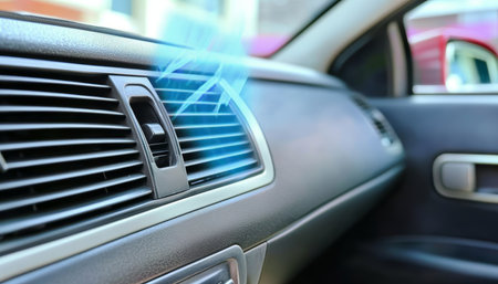 Car Air Conditioning System Outlet Blowing Cool Air on Dashboard for Comfortable Driving Experienceの素材