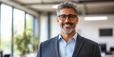 Confident Handsome Businessman in Modern Office Environment Smiling During Professional Presentationの素材