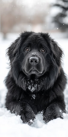 A Beautiful Newfoundland Dog Playing in a Snowy Landscape with a Captivating and Intense Lookの素材