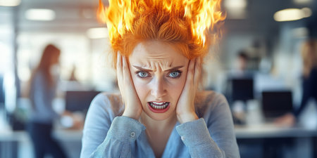 Exhaustion Personified Business Woman with Fiery Hair Faces Intense Workplace Pressureの素材
