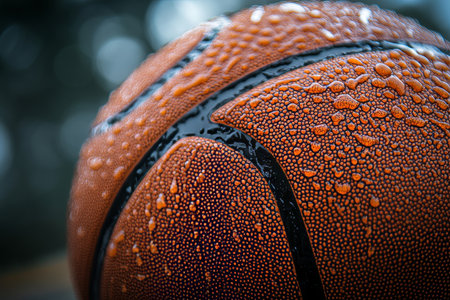 Detailed Close Up of a Textured Brown Patterned Basketball with Water Droplets on Its Surfaceの素材