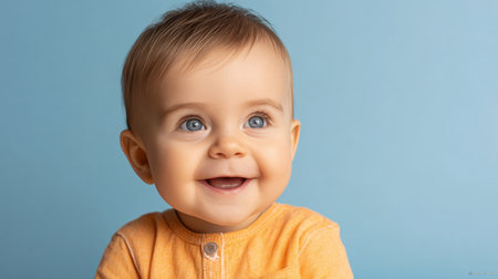 Adorable Infant with Captivating Expressions Gazing in Wonderment Against a Soft Blue Backgroundの素材