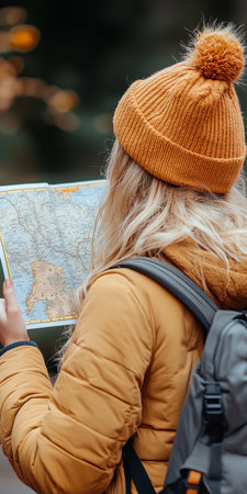 Wanderer in a mustard cap studying a vintage map outdoors on a beautiful spring weekend.の素材