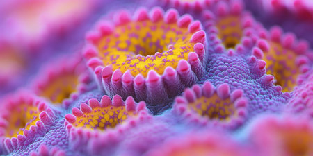 Intricate Cellular Macro with Luminous Yellow Intersections and Cobalt-Pink Geometric Gradientの素材