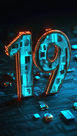 Futuristic Glowing 3D Number Nineteen on Digital Circuits with Neon Atmosphere and Textureの素材