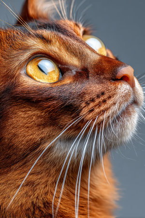 Somber Somali Cat Portrait with Golden Eyes and Graceful Charm Against a Gray Background Settingの素材