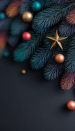 Elegant Blue Green Pine Branches with Coral Ornaments and a Golden Star for Christmas Celebrationの素材