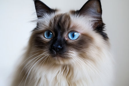 Majestic Ragdoll Cat with Bold Colorpoints and Stunning Blue Eyes on a Light White Backgroundの素材