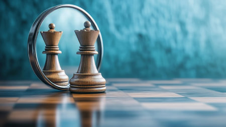 A Reflective Queen Chess Piece Strategizing for Future Success on a Chessboard in Brown Tonesの素材