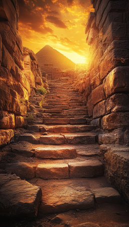 Ancient Stairway Leading to Breathtaking Views of a Distant Pyramid Surrounded by Sunlit Wallsの素材