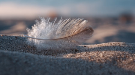 Ephemeral Beauty A Delicate White Feather Resting Peacefully Against a Sunlit Natural Landscapeの素材