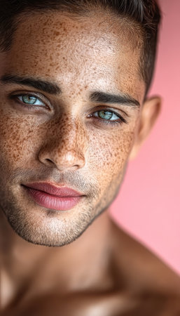 Handsome young man with freckles and captivating gaze, serene expression against pastel background.の素材