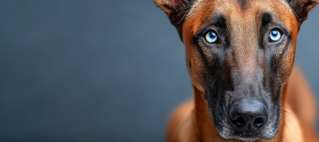Adorable Belgian Malinois with Striking Blue Eyes Gazing Curiously on a Soft Gray Backgroundの素材